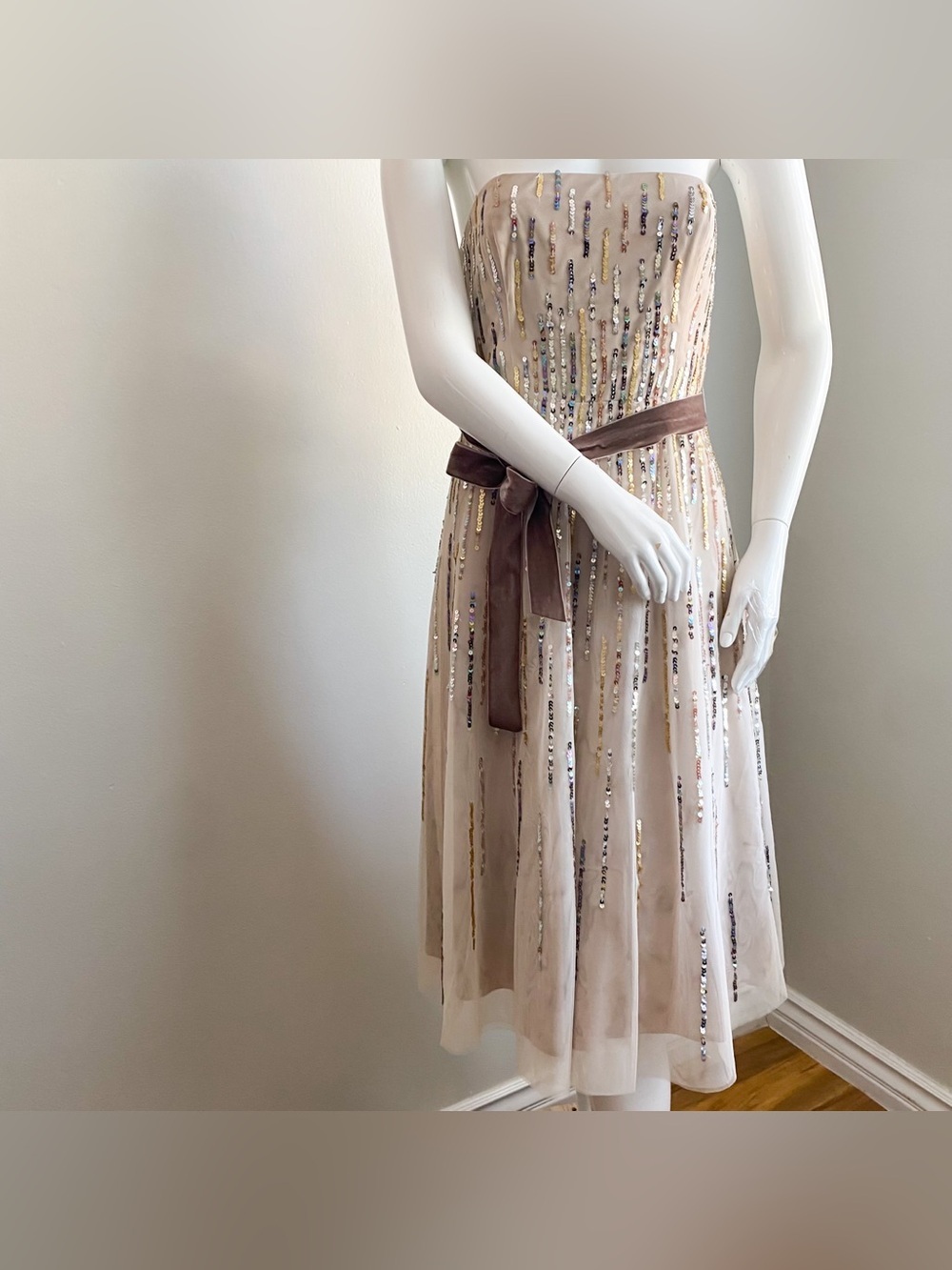 BCBGMAXAZRIA Sequin Tulle Midi Dress Taupe Brown Velvet Formal Events Wedding S - Picture 7 of 10